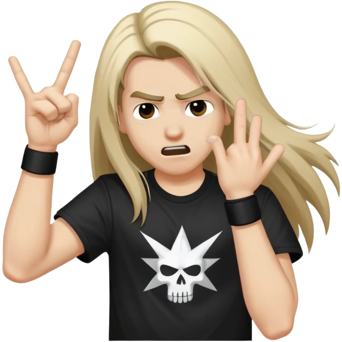 A person headbanging with long hair, wearing a black band t-shirt, making rock hand gesture emoji
