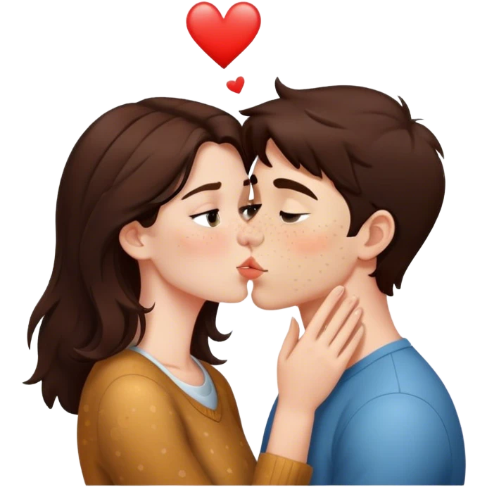 brunette Girl with freckles kissing a brunette boy emoji