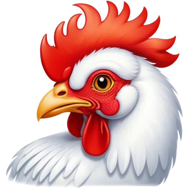 Cinematic Cute White Rooster Portrait Emoji, Head tilted playfully and inquisitively, featuring a glossy, immaculate white plumage with a vibrant red comb, round, sparkling eyes filled with curiosity, Simplified yet irresistibly adorable features, highly detailed, glowing with a warm, friendly glow, high shine, affectionate and spirited, stylized with a touch of farmyard whimsy, bright and endearing, soft glowing outline, capturing the essence of a mischievous yet loving rooster, so playful it feels like it could strut out of the screen and into your arms! emoji