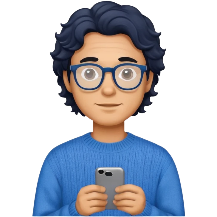 Man with wavy black hair in a comfortable blue sweater and glasses emoji