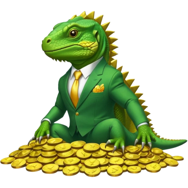 capitalist iguana in suit lying on coins emoji