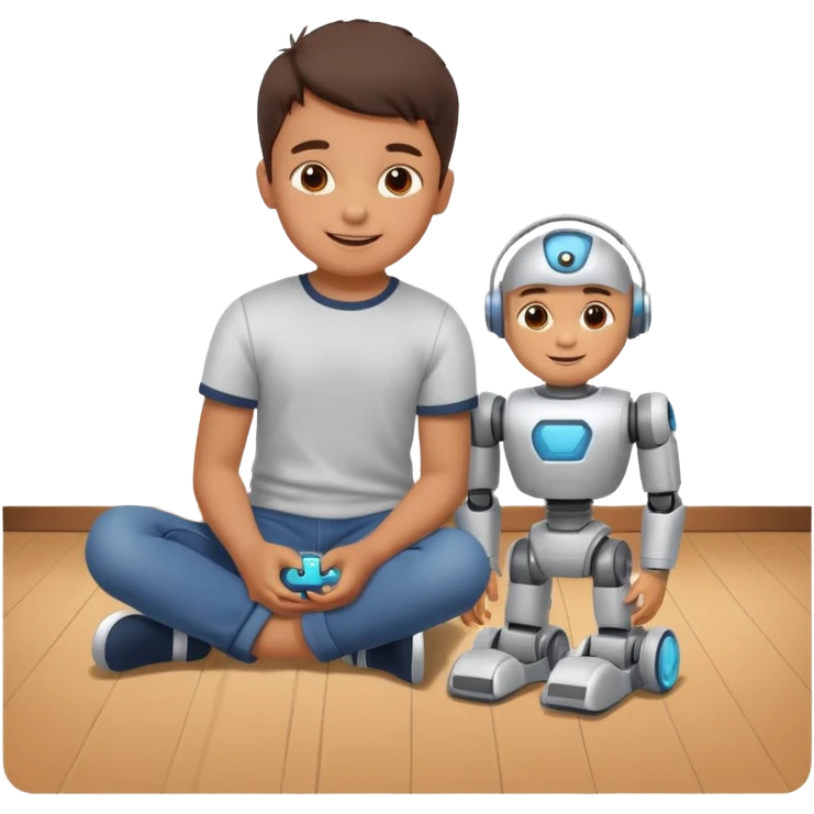 Little boy playing with toy robot on the floor emoji