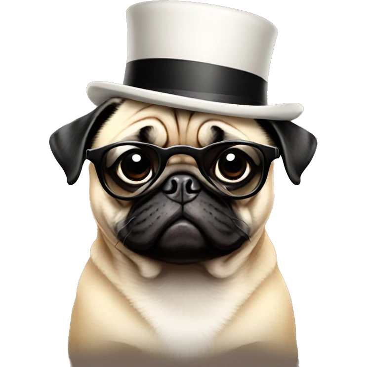 A pug wearing a top hat and sunglasses emoji