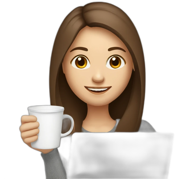 smiling woman with middle brown straight long hair and pale skin behind a laptop sipping coffee from a mug emoji
