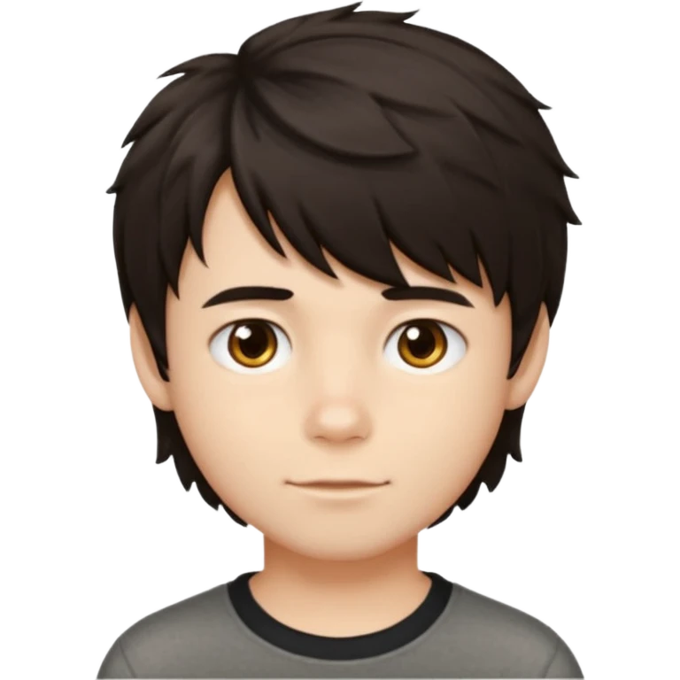 A boy no long hair À emoji that don’t smile Dark brown thick hair with natural volume, medium-length textured top, loose slightly wavy hair, soft messy fringe falling forward, short tapered sides (not shaved), natural unstyled look, realistic emoji style, neutral expression. emoji