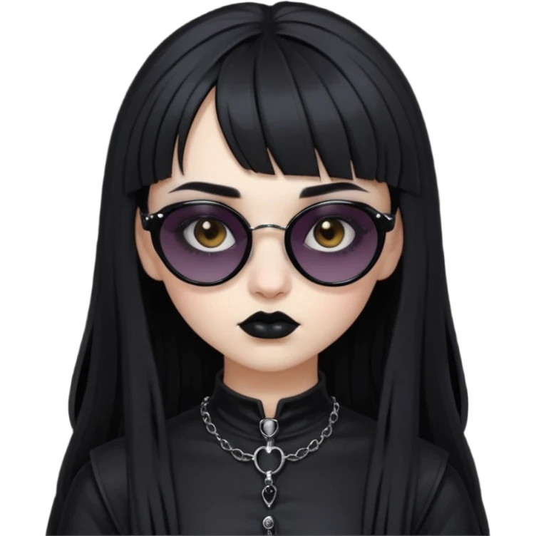 Faça uma moça de cabelo preto micro franja e penteado gótico pálida e com maquiagem gótica pesada olhos castanhos escuro e óculos de sol  emoji