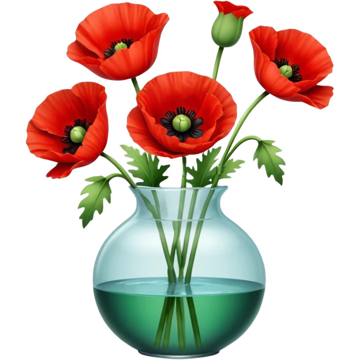 three big realistic poppy flowers in a clear vase with clear water emoji