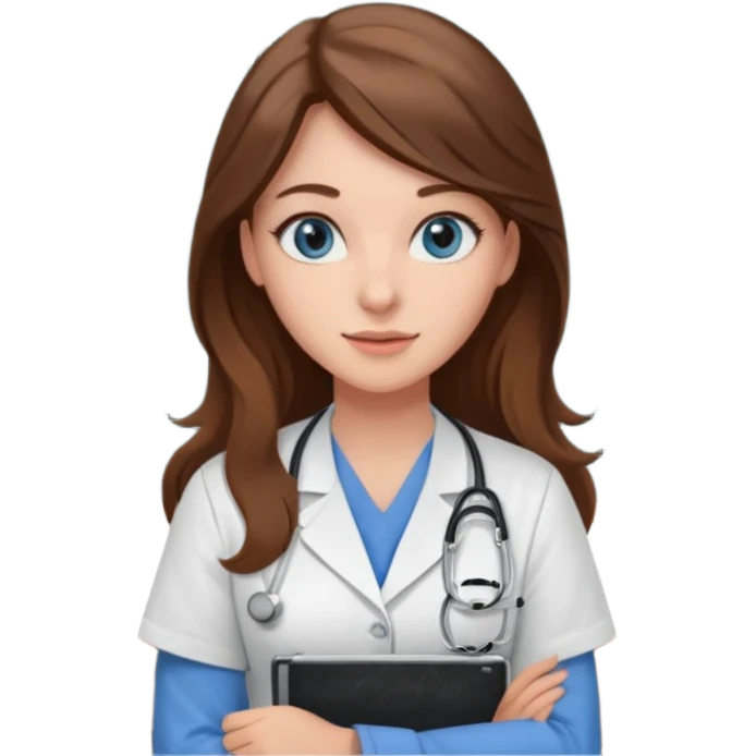 university classroom that says nursing school on the blackboard with a pretty female nursing student with long brown hair, blue eyes emoji