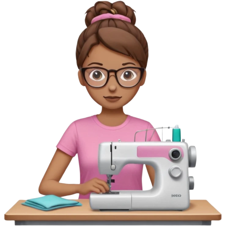 Woman with glasses and brown hair in pink t shirt meme with messy bun using a sewing machine  emoji