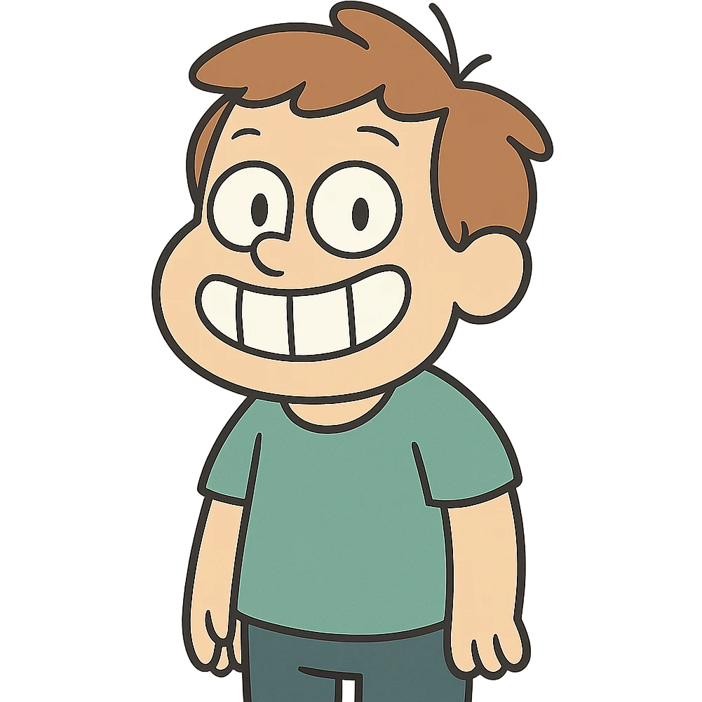 flat toon style little boy smiling and showing teeth emoji