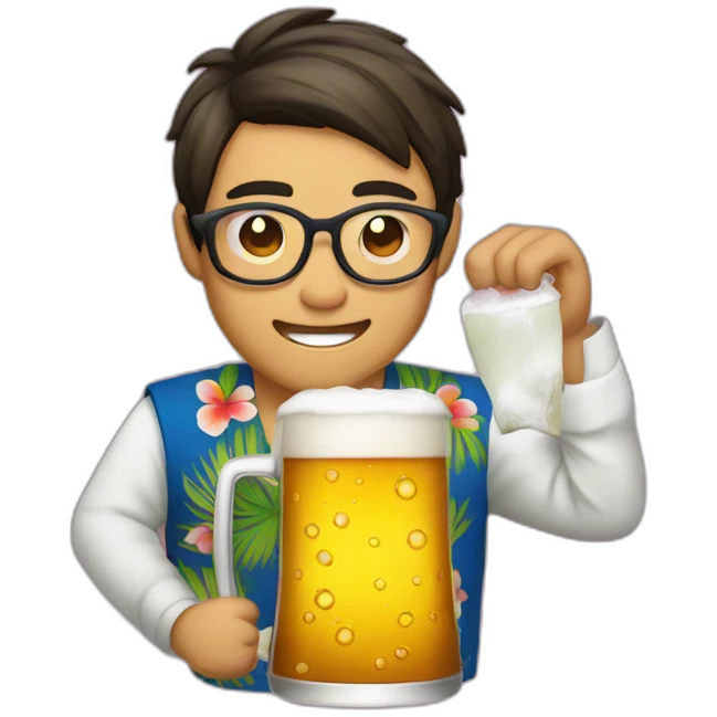 Japanese wearing roundglasses alohashirt is holding beer emoji