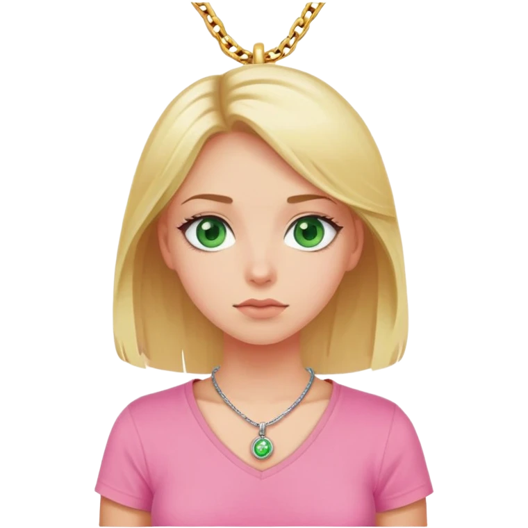 Make a blonde girl with green eyes, who rolls her eyes, in a pink T-shirt with a pendant around her neck emoji