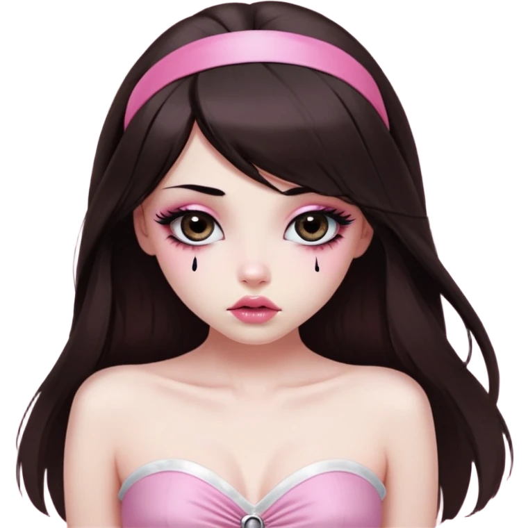 girl with white skin, dark brown long straight hair falling in front of her body, very big pouty extra shiny lips with absolutely no cupid's bow, shiny large eyes with black eyeballs and long eyelashes, lighter button nose, very long oval-shaped face, wearing a pink bandeau top with straight neckline, looking directly at camera with hands down at sides emoji