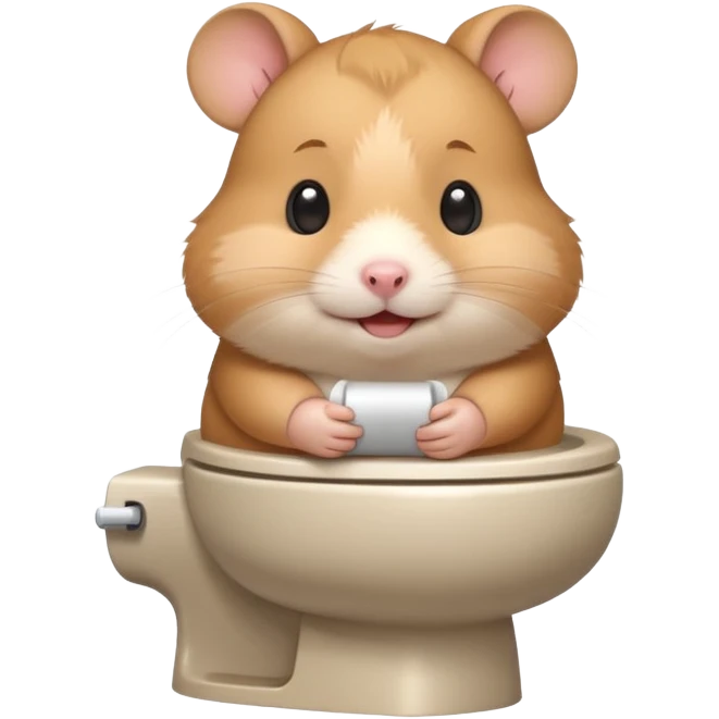 Cute chubby cartoon-style hamster sitting on toilet, sticker-style illustration emoji