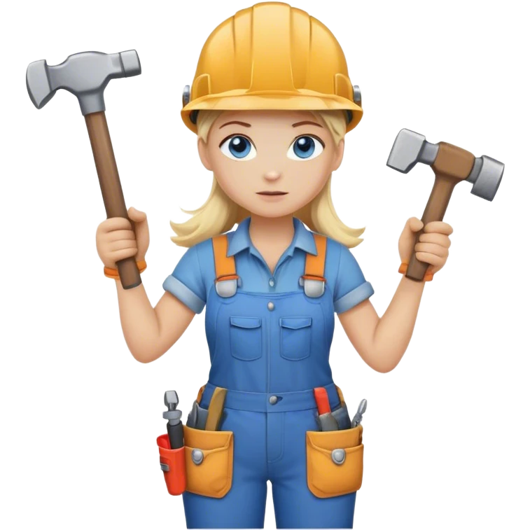A blond girl blue eyes, habdyman Outfit, wearing a Helmet and a Hammer, Whole body  emoji