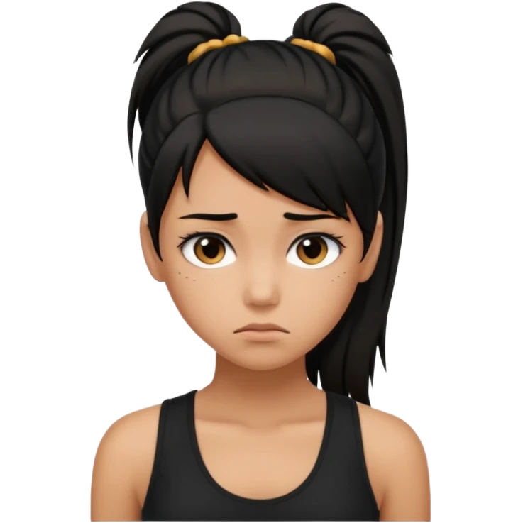 a tan girl with a black ponytail, black tank top, . Looking sad emoji