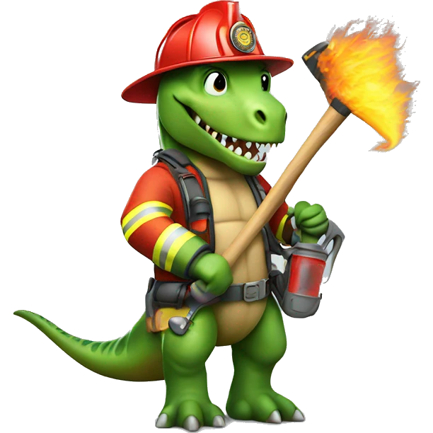 Dinosaur firefighter with hose and axe emoji
