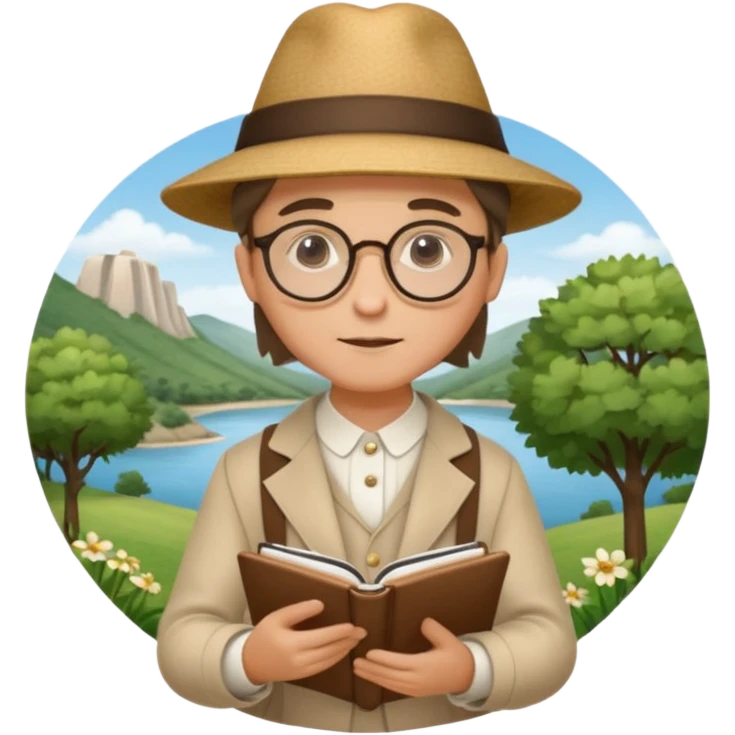 poet in traditional costume wearing a chapeau and round glasses holding a notebook surrounded by nature gentle thoughtful expression emoji