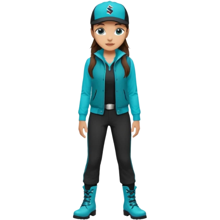 A landscaper in a beautiful turquoise jacket with long sleeves and turquoise boots, black pants, and a black sleeveless shirt. On his head is a black Swissotel baseball cap. The girl is a brunette with blue eyes. emoji