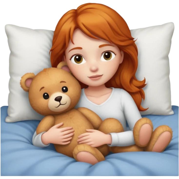 ginger girl cuddle in bed with teddy emoji