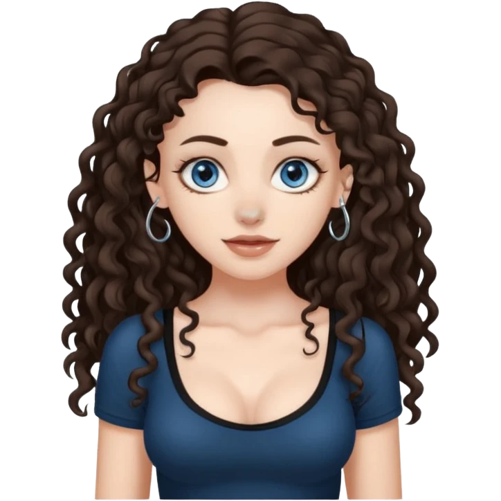 white girl, dark brown long slightly curly hair , skinni but with big breast , septum piercing on nose, beautiful dark gray-blue eyes, showing her toes , emoji