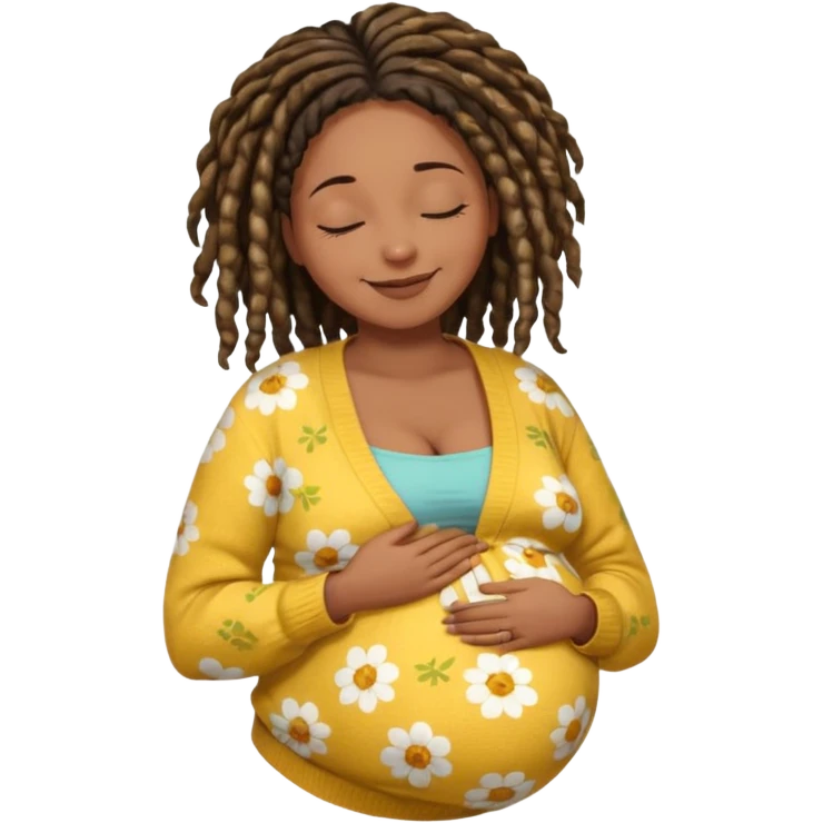 pregnant black woman with dread lock hair happily touching her big belly while wearing casual shirt and yellow warm  flowery cardigan closing her eyes and smile wamrly emoji