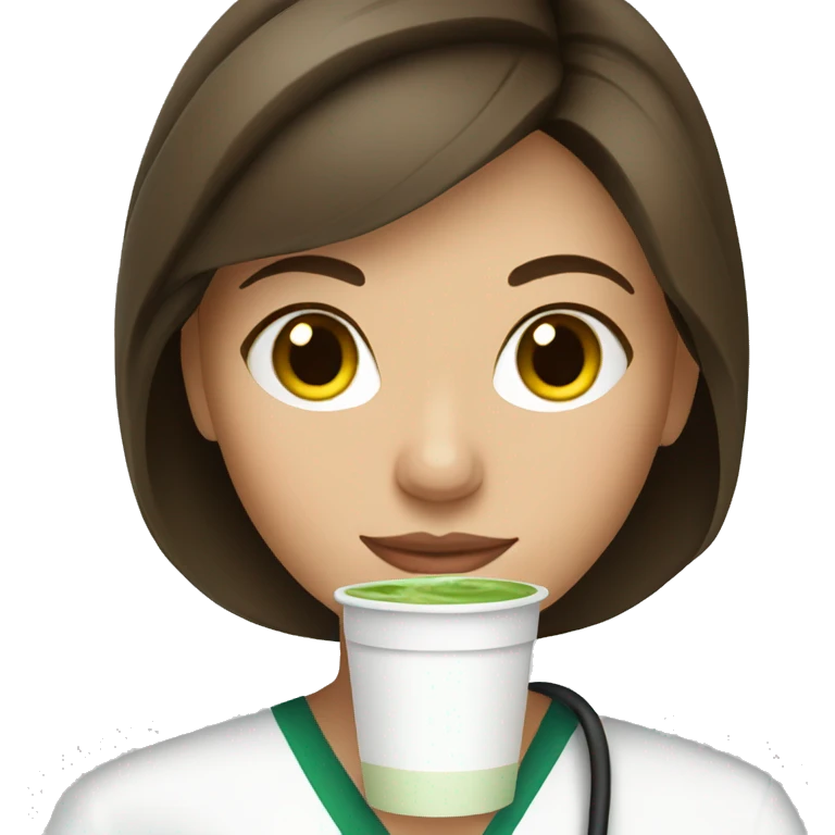 Brunette nurse drinking matcha latte emoji