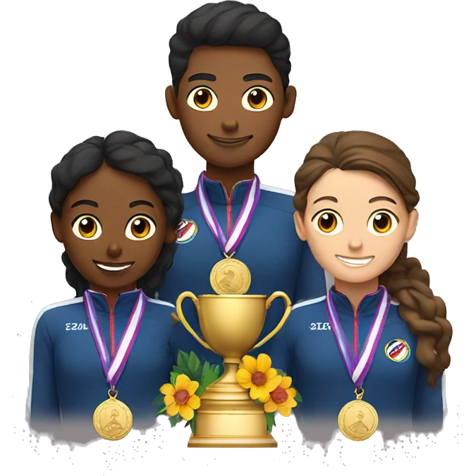 
pedestal with athletes who have medals hanging on their chests and flowers in their hands emoji