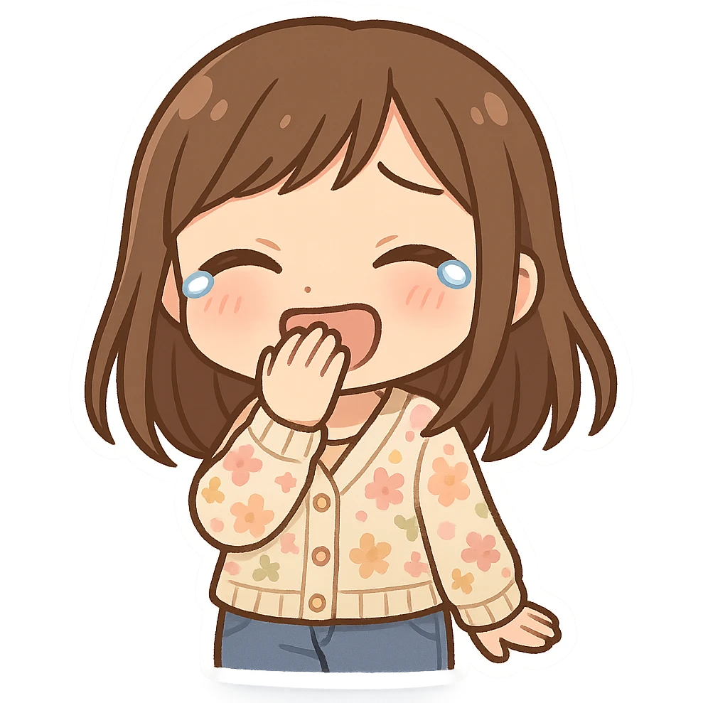 chibi sticker of a girl with brown straight hair and brown eyes, wearing a pastel floral cardigan and jeans, laughing to tears, covering her mouth, white outline, transparent background, 512x512px emoji