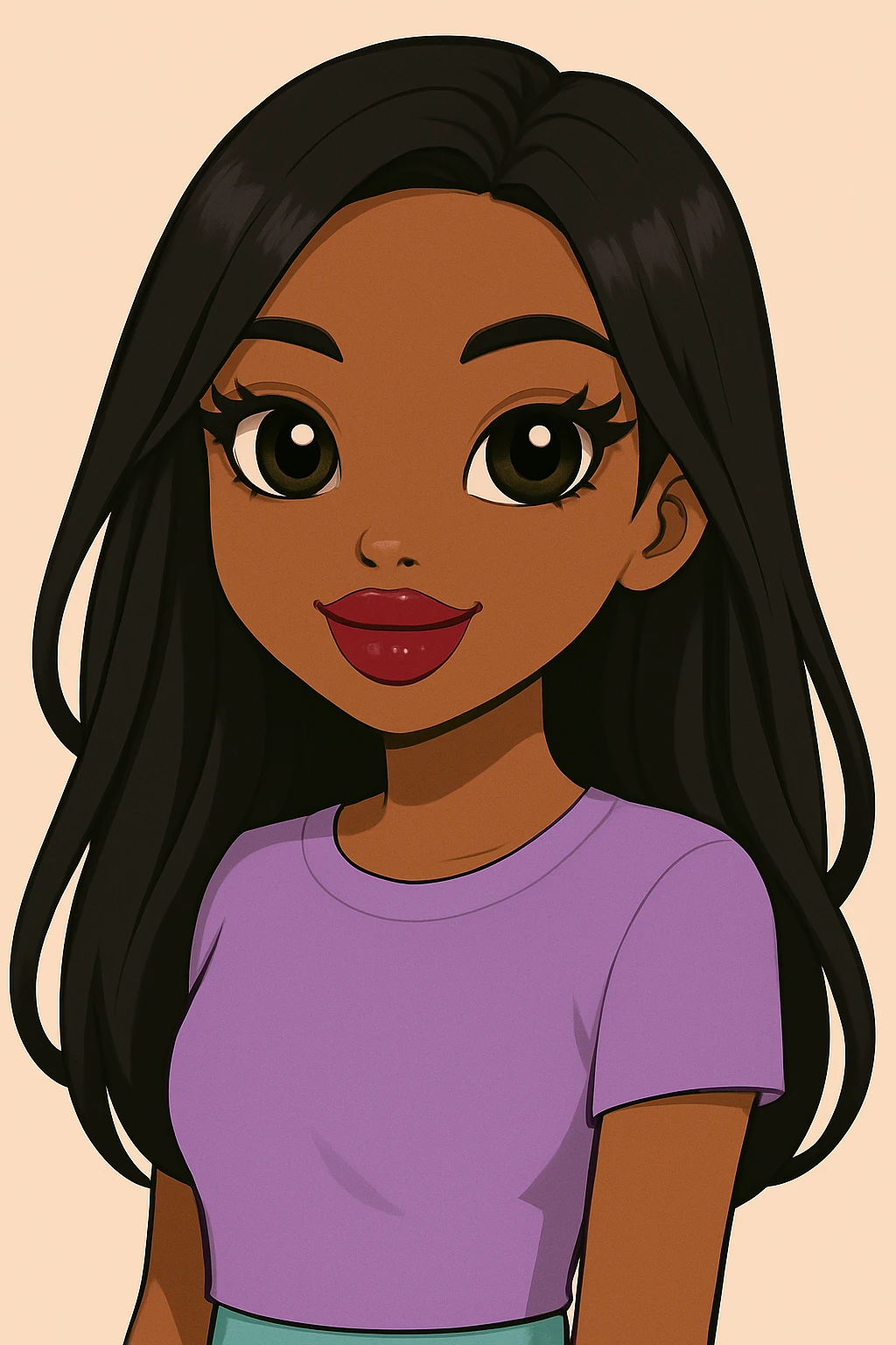 Change her expression to happy, headshot only, 20-year-old anime Bratz style woman with dark skin, straight hair, more casual outfit, big expressive eyes, glossy lips, no hat, no tears, looking straight ahead. The style should reflect anime Bratz aesthetics with vibrant colors and expressive features. emoji