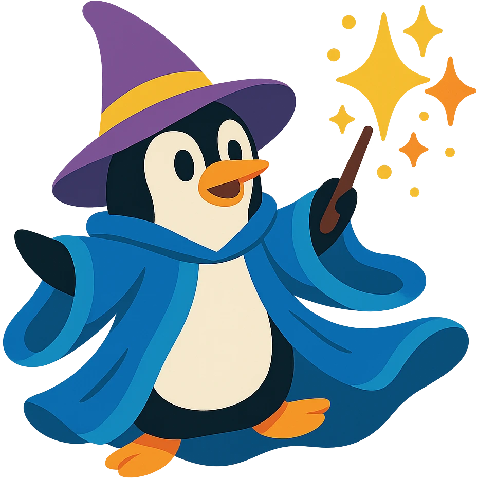 a penguin wizard casting a spell, with sparkles and a flowing robe, colorful cartoon style emoji
