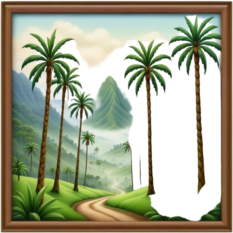 Cinematic Realistic Cocora Valley Landscape Emoji, depicted with towering wax palm trees in a lush, misty valley rendered with rich textures and dynamic, natural lighting. emoji