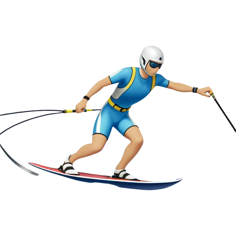humanless icon showing water skis on the surface of the water, with ski ropes trailing behind. In the background, a boat fades into the distance, leaving a wake. The focus is on the skis gliding across the water. Transparent background highlights the thrill and speed of water skiing. emoji
