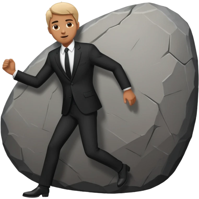 a man in a suit  pushing a huge rock emoji