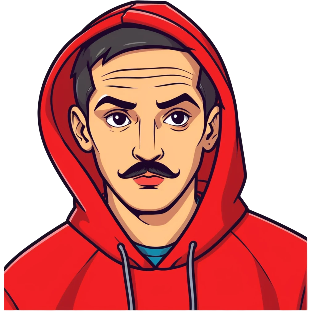 Man with thick eyebrows slit on the right with a long nose, then lips, small mustache earrings, red hoodie with graffiti emoji