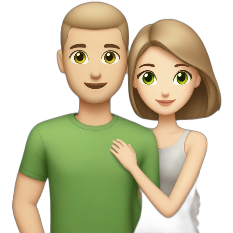 white skin Boyfriend with a light brown buzzcut and green eyes and medium length dark brown hair girlfriend with black eyes hugging emoji