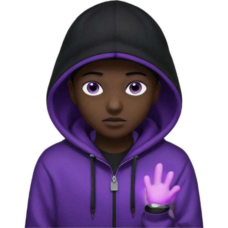 Cartoon blacked character related to a shadow, with all black clothes, focusing a hoodie with his cap on, no visible face because of the darkness, just his purple shadow eyes making a light bloom emoji