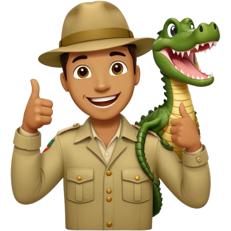Cinematic Realistic Steve Irwin Portrait Emoji, in his signature khaki attire, holding a crocodile or giving an excited thumbs-up. The scene is lit with vibrant, natural sunlight, emphasizing his adventurous spirit and deep connection to nature. emoji
