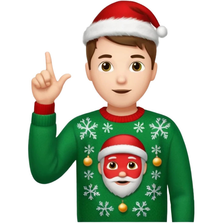 A guy pointing up with one hand and he has a christmas sweater emoji