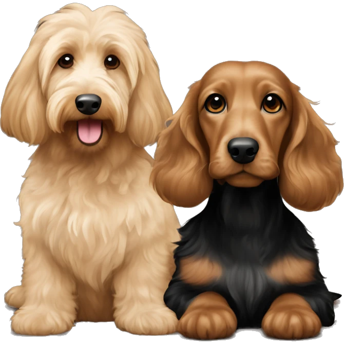 Brown goldendoodle medium size and black and tan and cream longhair dachshund sitting together  emoji