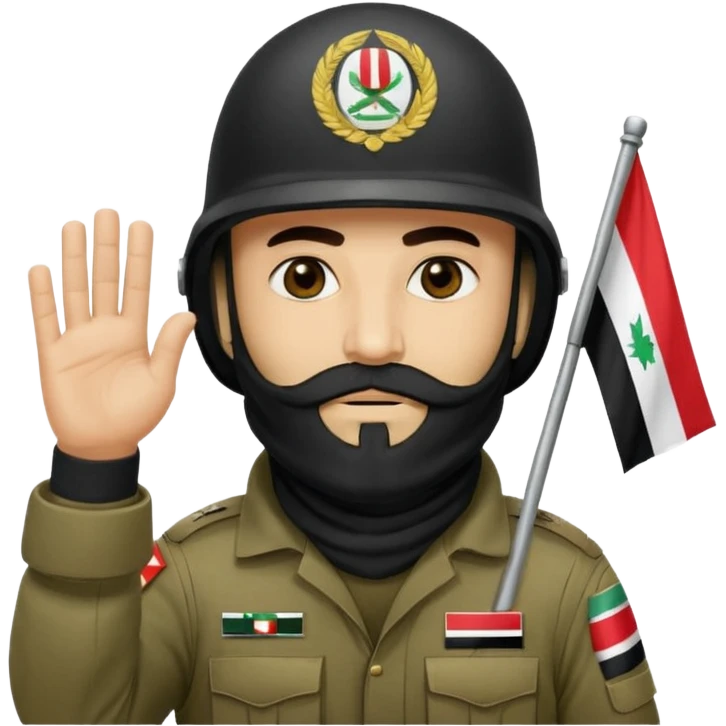 surrenders, depicts an Iraqi soldier from 1980, with a beard, in a helmet, a helmet with sign flag Iraq, with a balaclava, with sad eyes and both hands raised up emoji