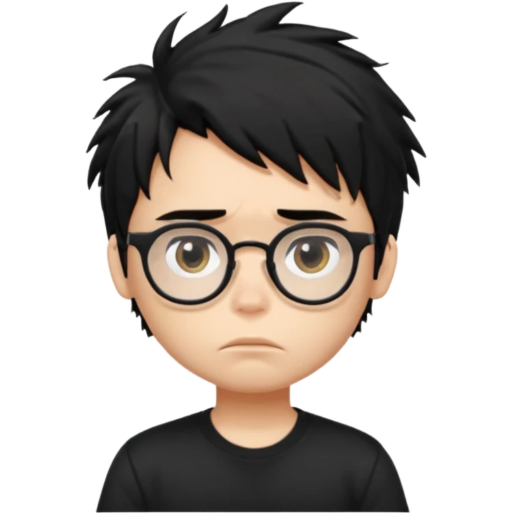 generate a pretty bratz fair skinned boy with black messy hair wearing a black tshirt looking bored n tired. Glasses on emoji