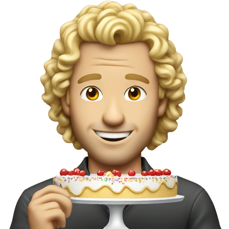  Blonde curly mullet white man standing over a birthday cake emoji