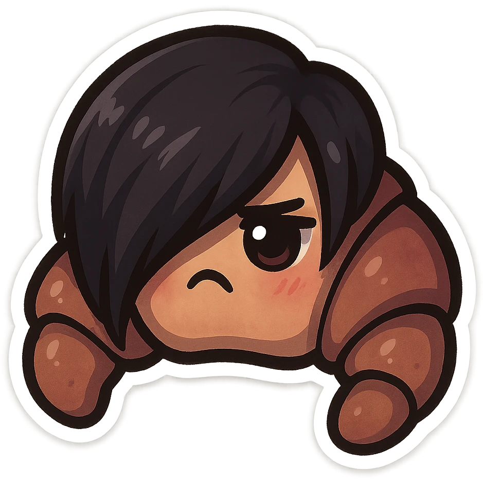 chibi sticker-style croissant with an emo vibe, dark colors, side-swept bangs, cute and exaggerated emoji