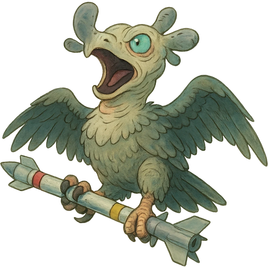 an insignia for a flag: a strange foreign alien bird creature, gripping a sidewinder missile in its' powerful claw, standing up on its' other claw, cawing fiercely
 emoji