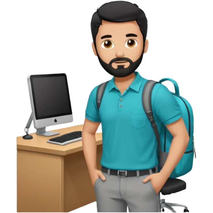 man with blackshot male hair and black hair and beard and hes in a office with his grey backpack on the floor and he has a tourquos polo shirt with backpack on floor on desk computer and grey pants emoji