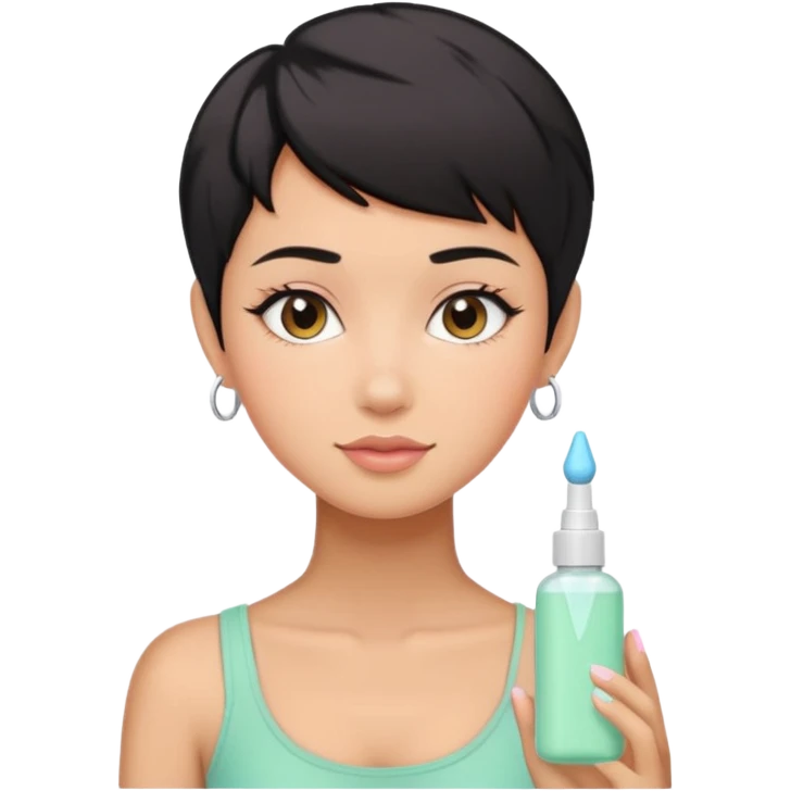 tan girl with black hair & a pixie cut no earrings doing cute pastel colors skin care emoji