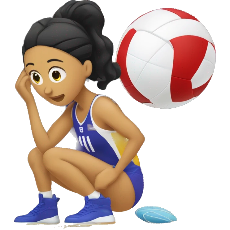 una perona sentada en el piso con una red de voleibol alfrente y un balon de voleibol arriba  emoji