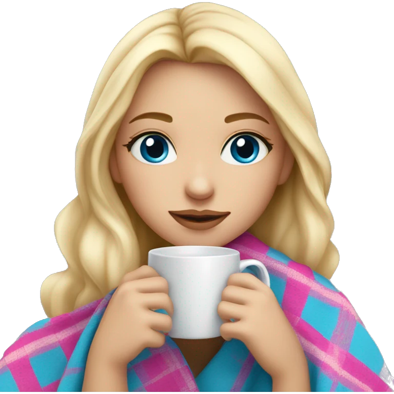 cute blonde girl with long hair wrapped in pink plaid blanket drinking coffee blue eyes emoji