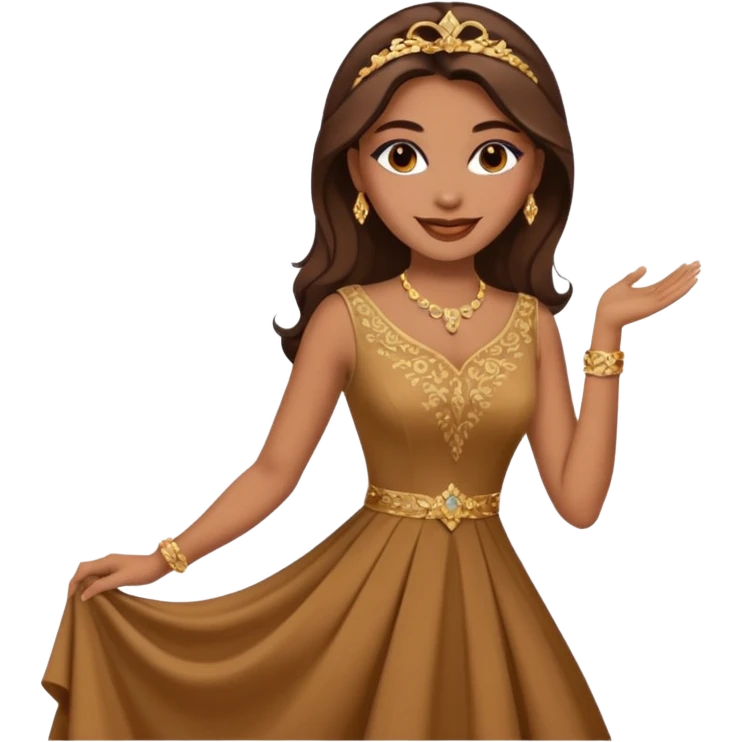 Woman using a long elegant dress. She has medium skin tone and a brown with gold makeup emoji